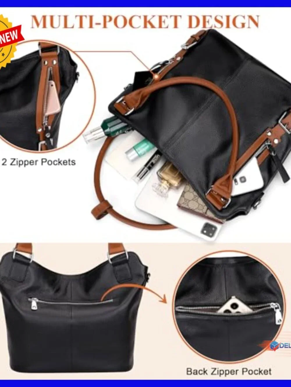 Genuine Leather Hobo Tote Shoulder Bag Large Capacity Multi-Pocket Purse